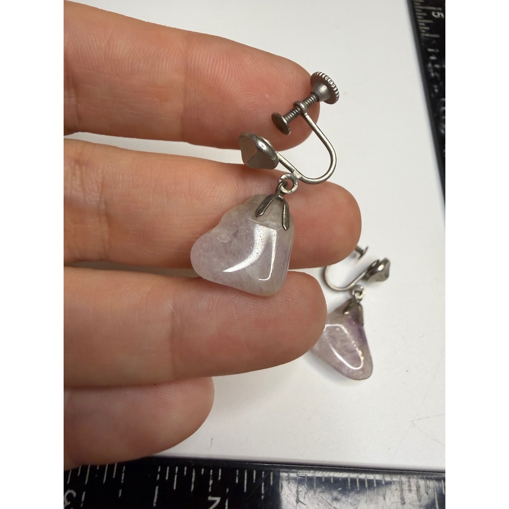 Vintage Amethyst Stone Screw Back Drop Earrings Silver Tone Lavender Purple